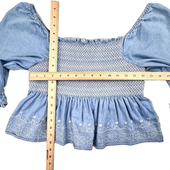 American Eagle Smocked Babydoll Top. Chambray Denim, Coquette, Soft, Boho Hippie - Picture 3 of 12